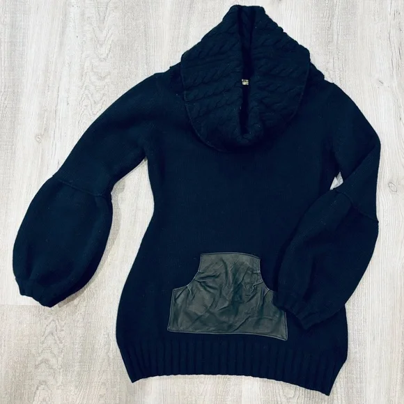 Mackage Wool Cowl Neck Cable Knit Leather Black Sweater Size Medium - Picture 3 of 7